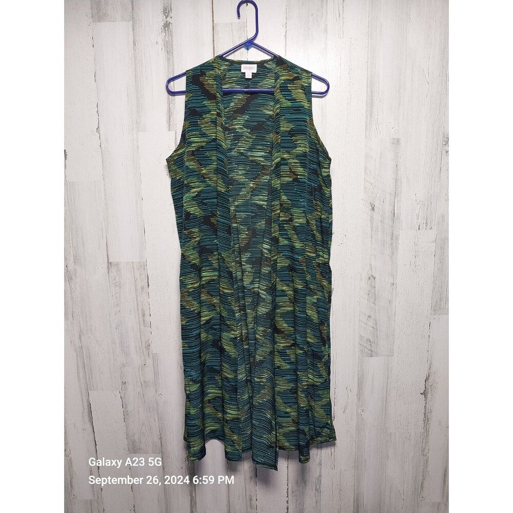 Lularoe Joy Medium Long Vest Duster Black Yellow Green Blue Zig-Zag Breezy